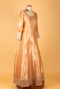 "Golden Beige Embroidered Ethnic Gown with Red Bandhani Dupatta "