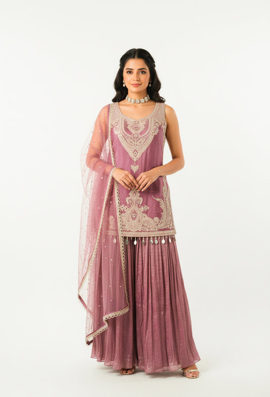 Wine Mauve Embroidered Straight Cut Kurta Sharara Set with Net Dupatta