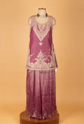 Wine Mauve Embroidered Straight Cut Kurta Sharara Set with Net Dupatta