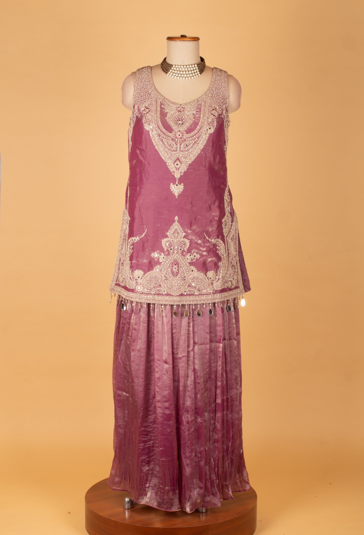 Wine Mauve Embroidered Straight Cut Kurta Sharara Set with Net Dupatta