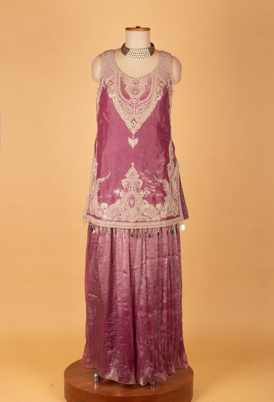 Wine mauve embroidered straight cut kurta sharara set with net dupatta – product image 2