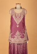 Wine Mauve Embroidered Straight Cut Kurta Sharara Set with Net Dupatta