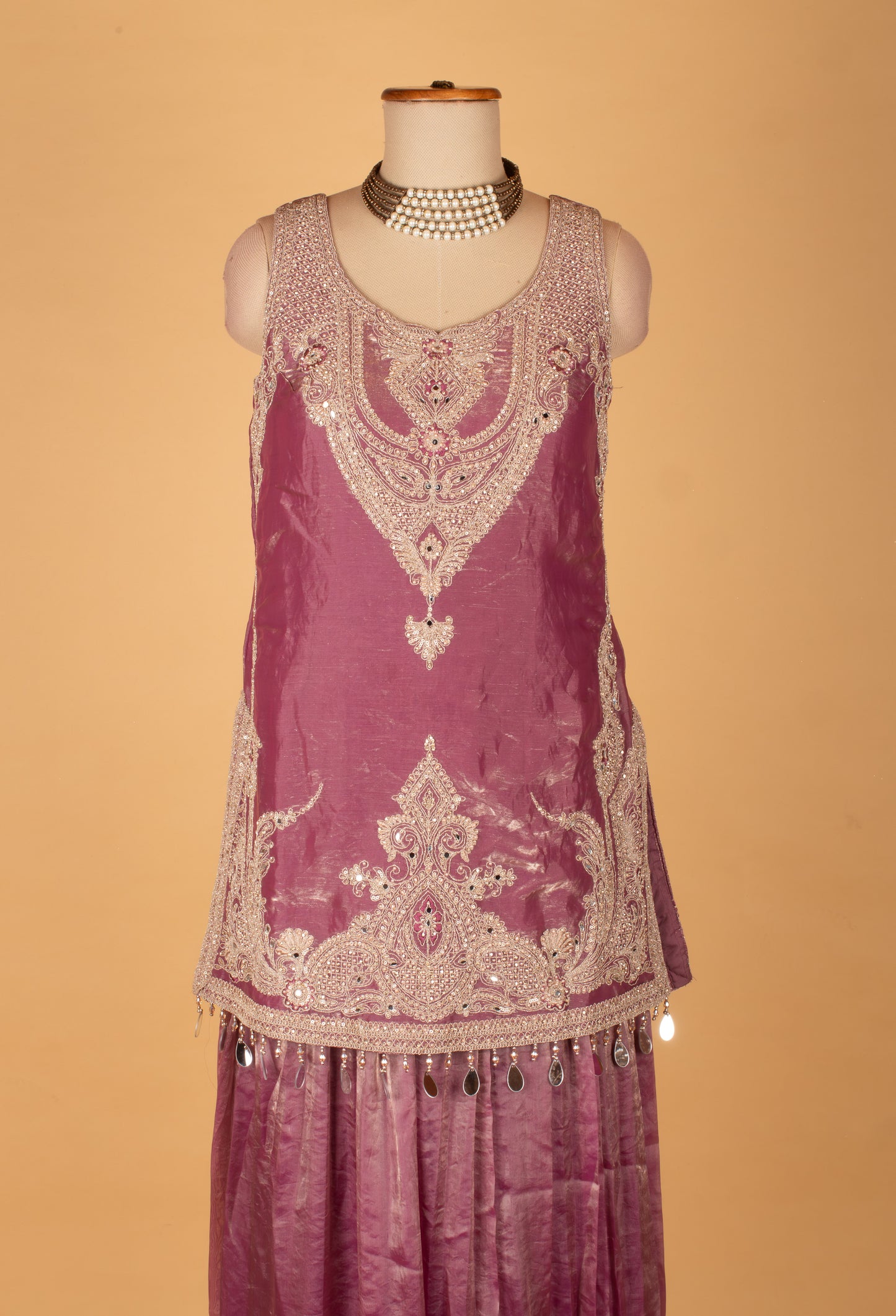 Wine Mauve Embroidered Straight Cut Kurta Sharara Set with Net Dupatta