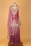 Wine Mauve Embroidered Straight Cut Kurta Sharara Set with Net Dupatta