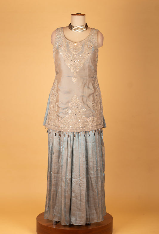 Ice blue embroidered straight cut kurta sharara set with net dupatta – product image 2