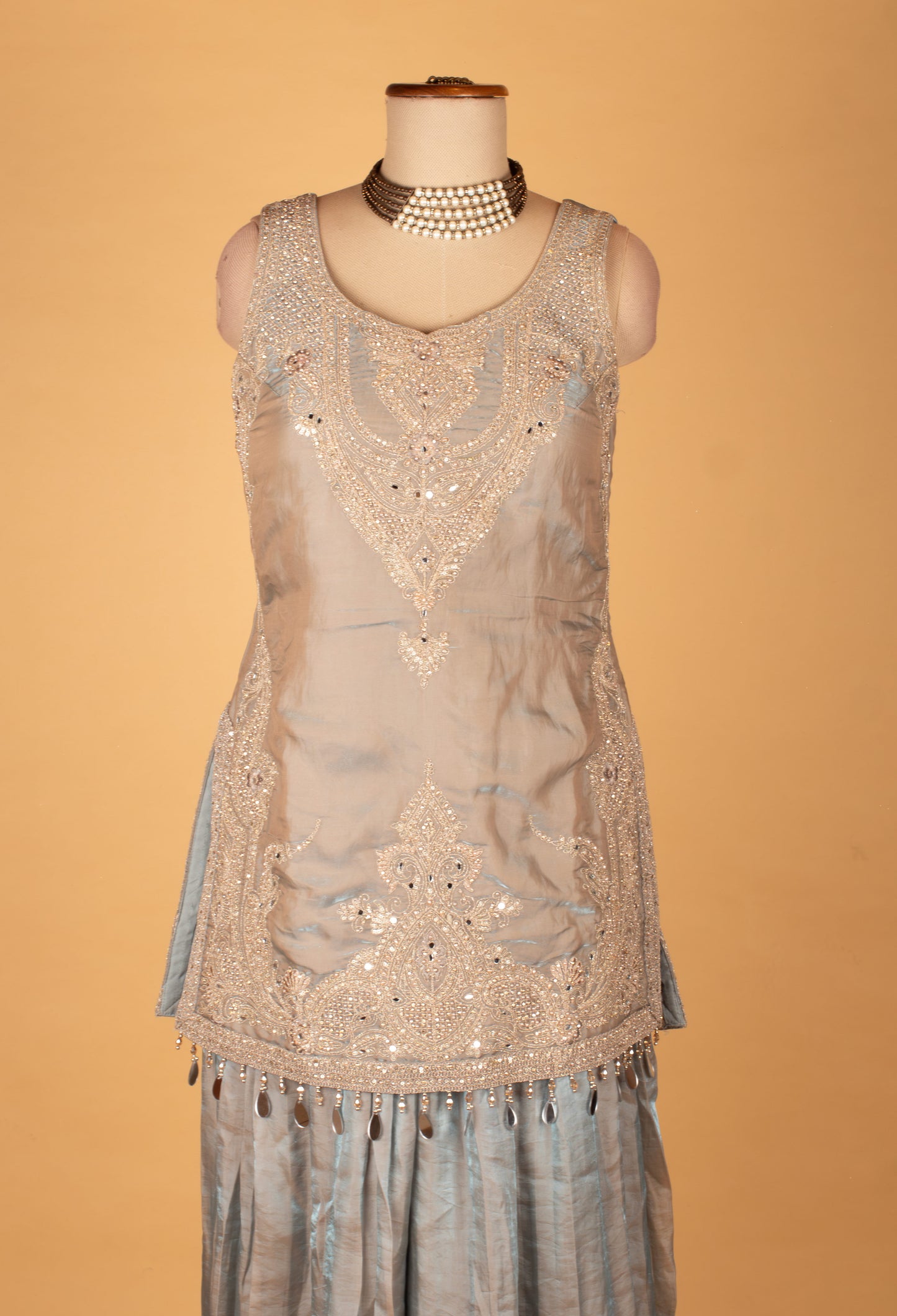 Ice Blue Embroidered Straight Cut Kurta Sharara Set with Net Dupatta