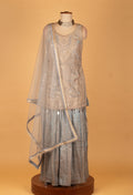 Ice Blue Embroidered Straight Cut Kurta Sharara Set with Net Dupatta