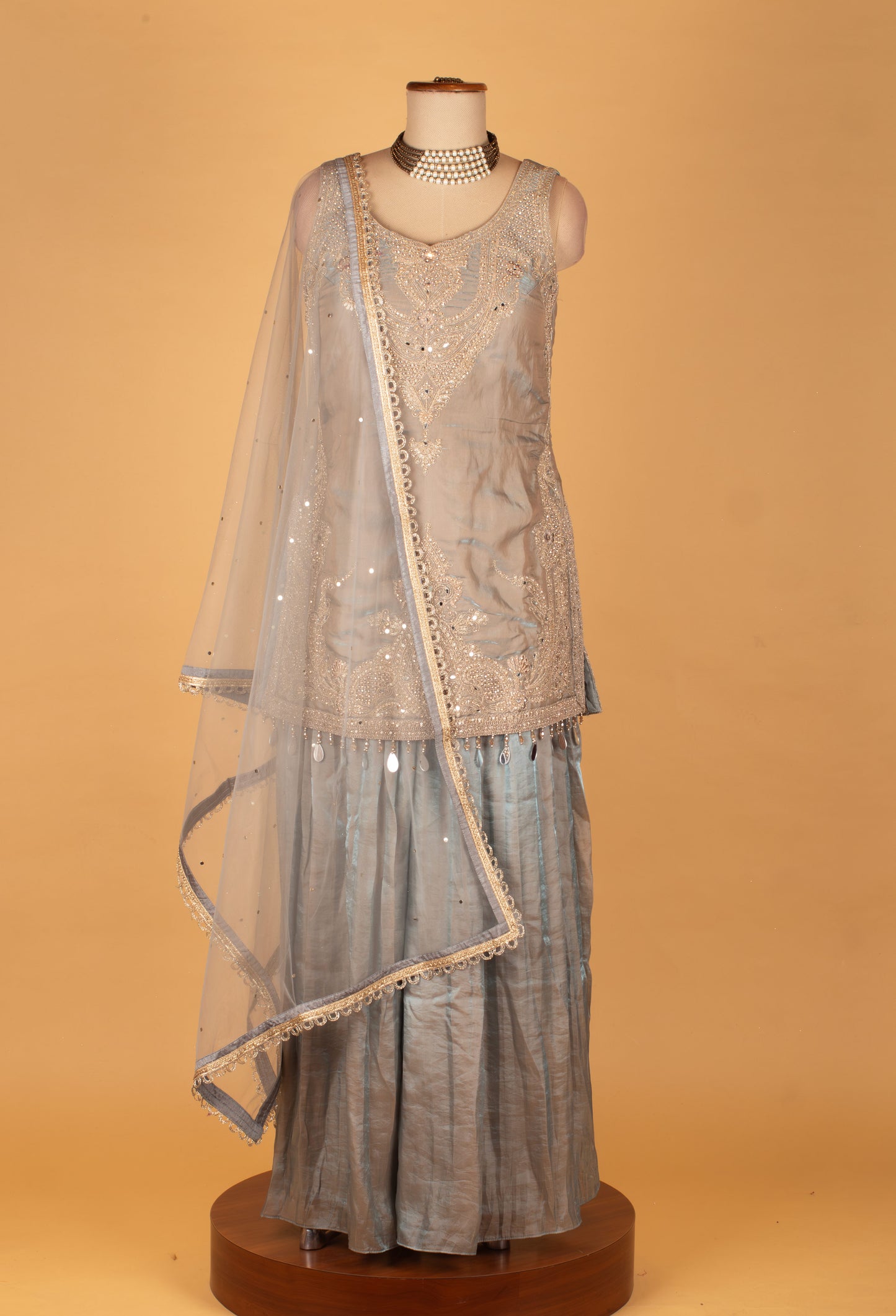 Ice Blue Embroidered Straight Cut Kurta Sharara Set with Net Dupatta