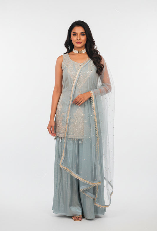 Ice Blue Embroidered Straight Cut Kurta Sharara Set with Net Dupatta