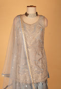 Ice Blue Embroidered Straight Cut Kurta Sharara Set with Net Dupatta
