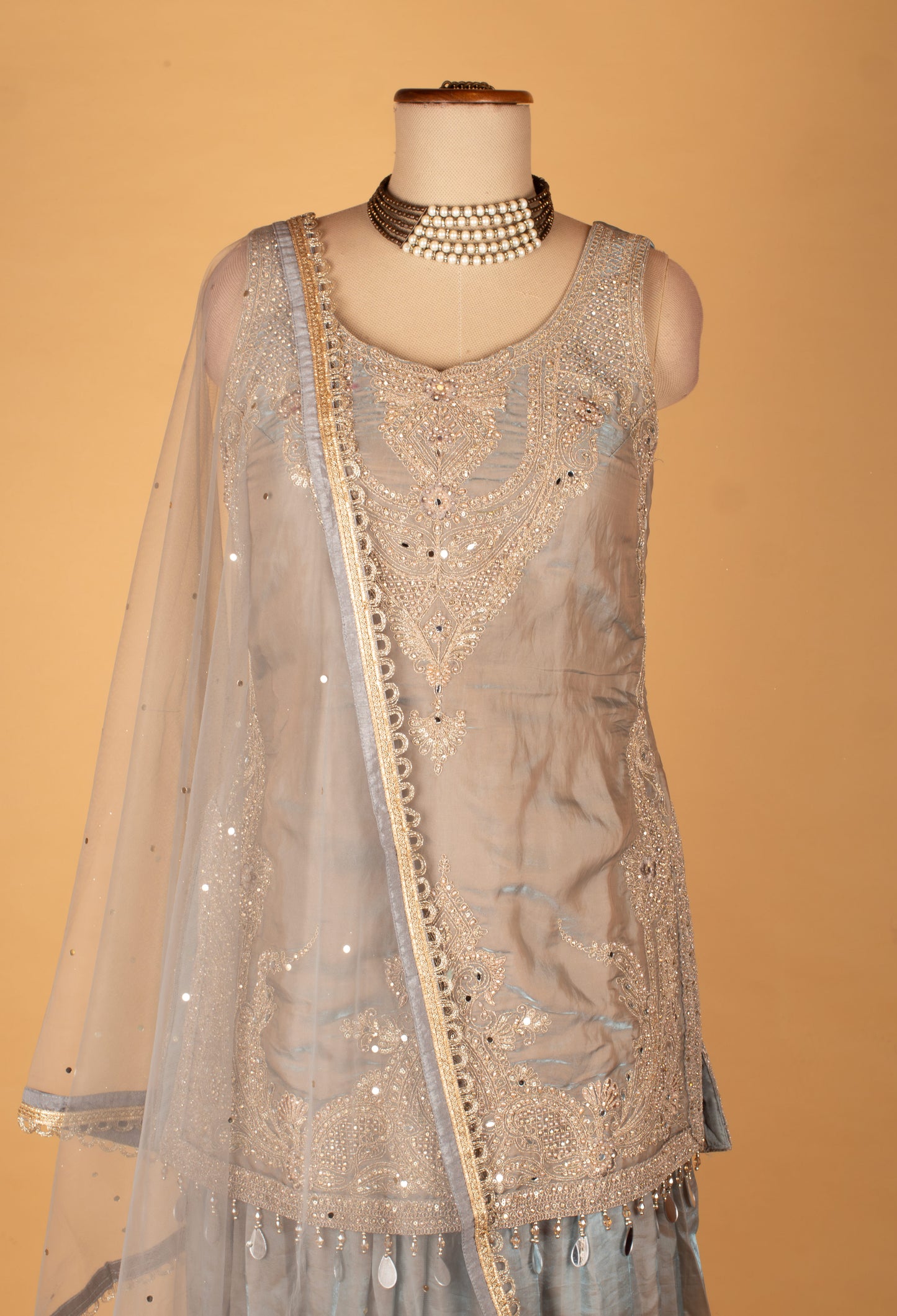 Ice Blue Embroidered Straight Cut Kurta Sharara Set with Net Dupatta