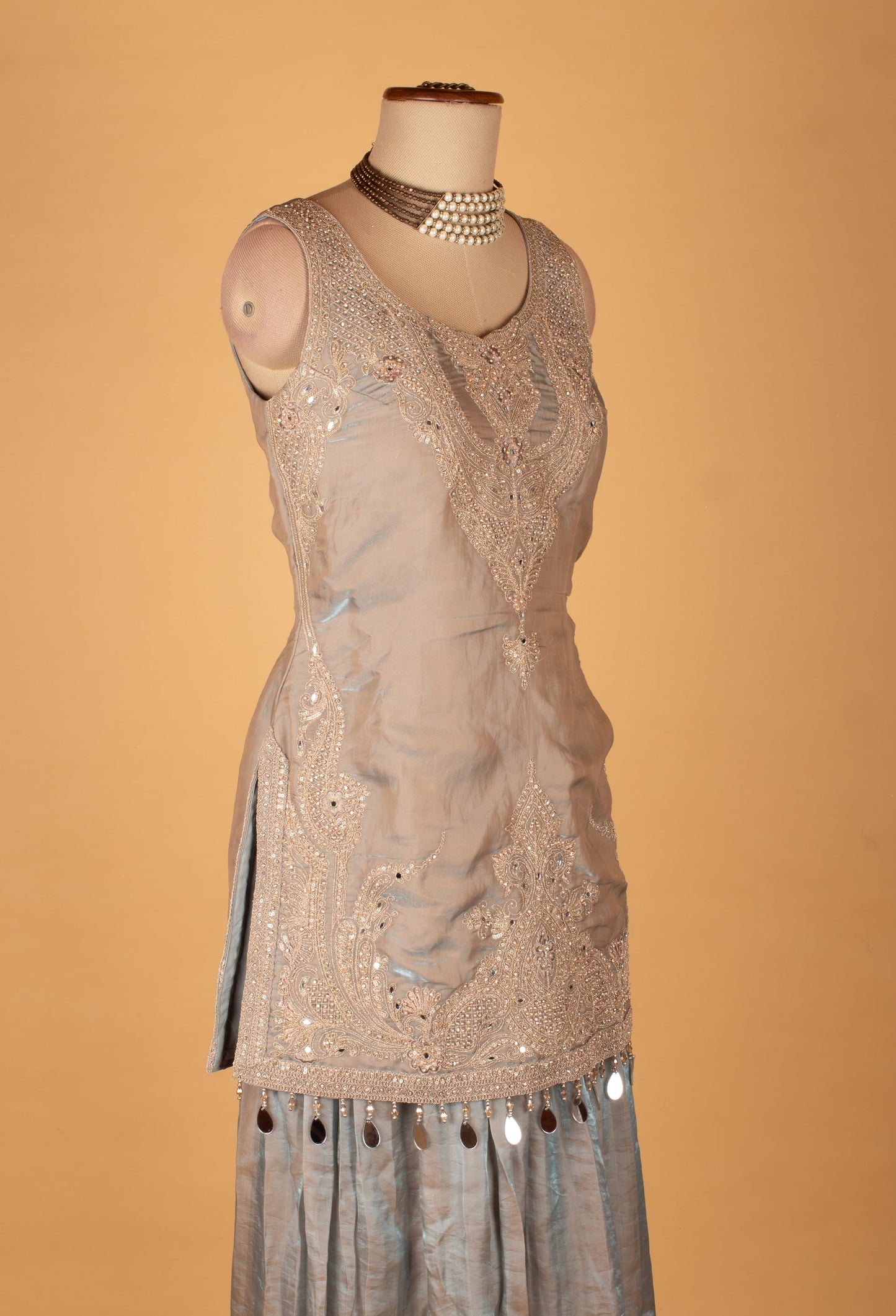 Ice Blue Embroidered Straight Cut Kurta Sharara Set with Net Dupatta
