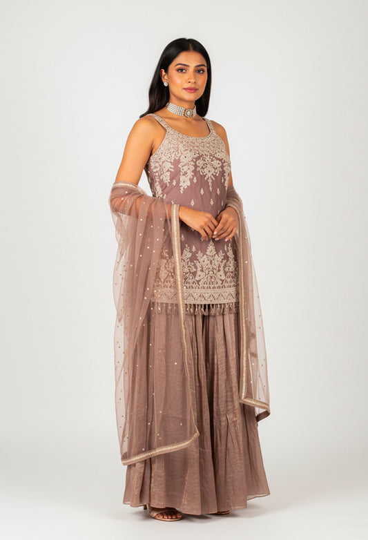 Elegant Mauve Embroidered Straight Cut Kurta Sharara Set with Net Dupatta