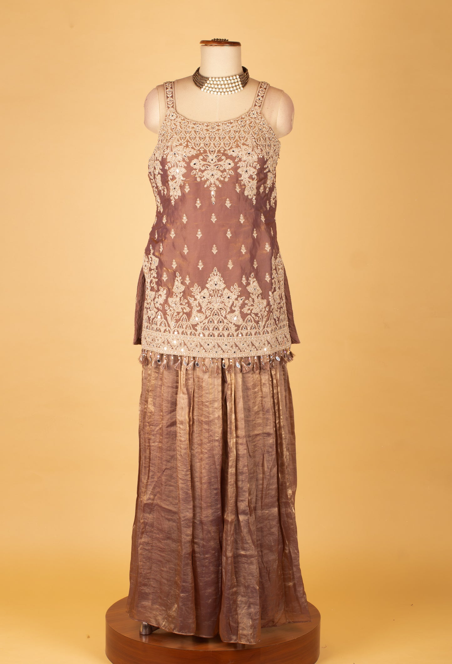 Elegant Mauve Embroidered Straight Cut Kurta Sharara Set with Net Dupatta