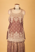 Elegant Mauve Embroidered Straight Cut Kurta Sharara Set with Net Dupatta