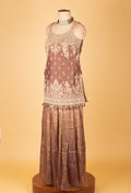 Elegant Mauve Embroidered Straight Cut Kurta Sharara Set with Net Dupatta