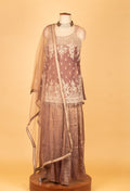 Elegant Mauve Embroidered Straight Cut Kurta Sharara Set with Net Dupatta