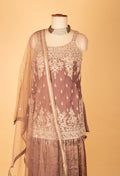 Elegant Mauve Embroidered Straight Cut Kurta Sharara Set with Net Dupatta