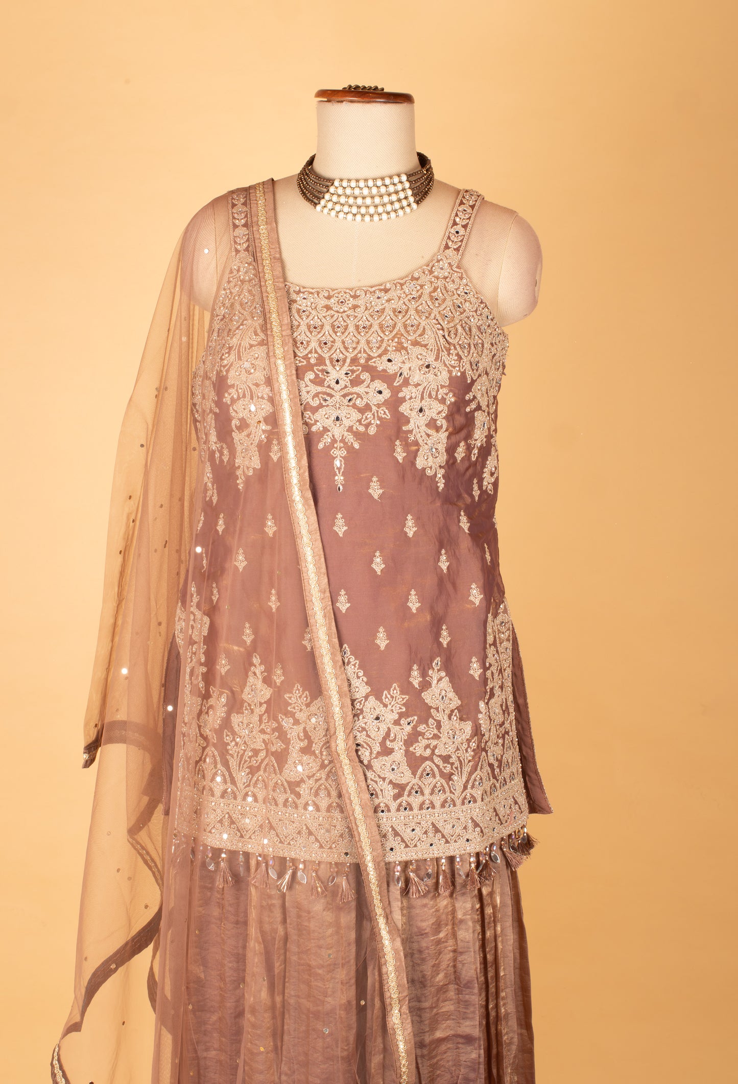 Elegant Mauve Embroidered Straight Cut Kurta Sharara Set with Net Dupatta