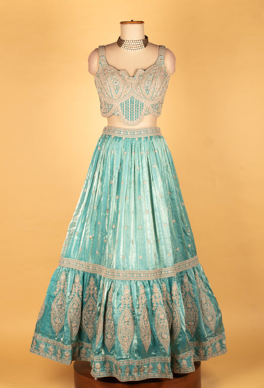 Aqua blue embroidered crop top lehenga set with dupatta – product image 2
