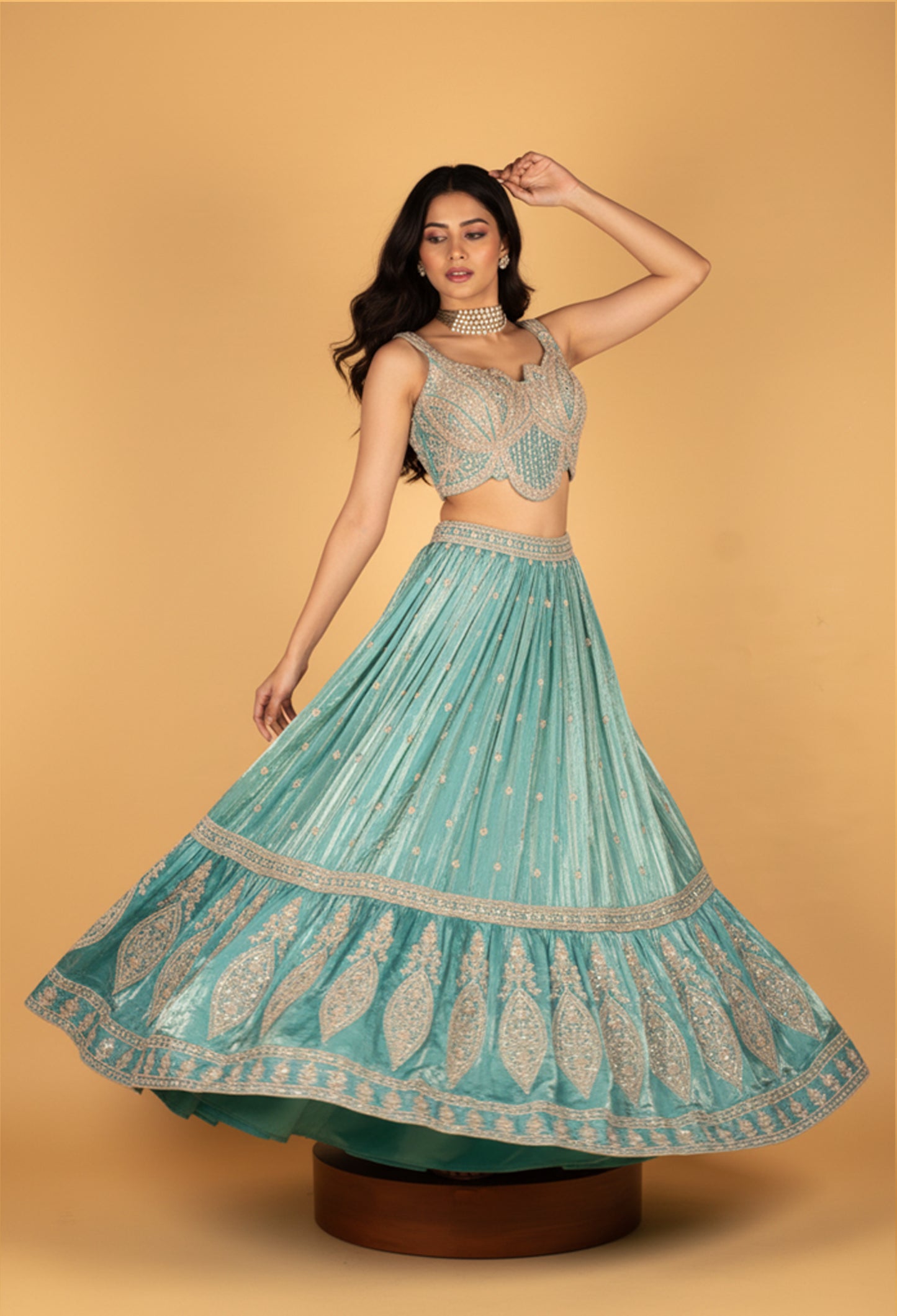 Aqua Blue Embroidered Crop Top Lehenga Set with Dupatta