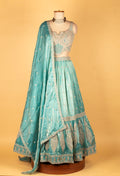 Aqua Blue Embroidered Crop Top Lehenga Set with Dupatta