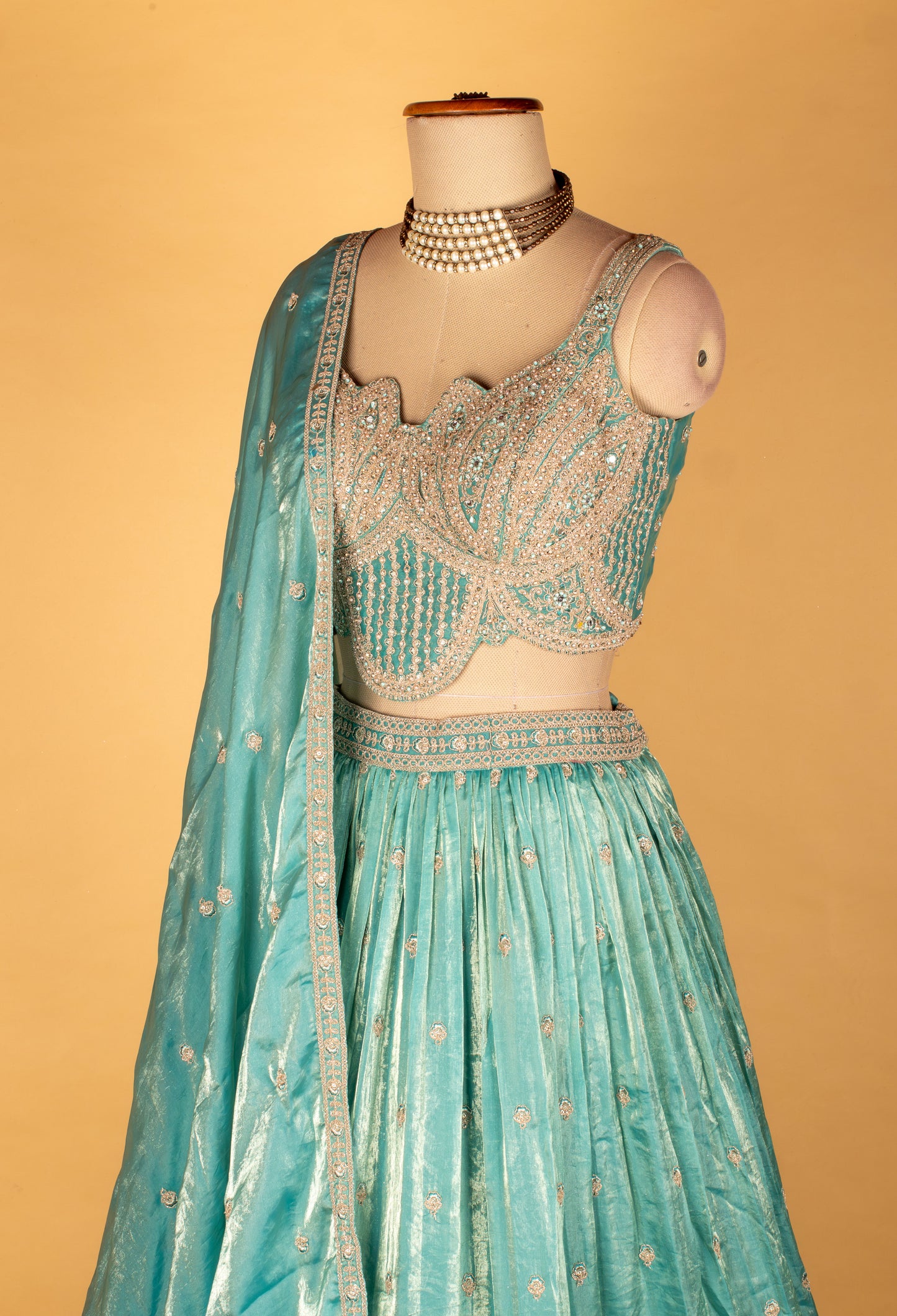 Aqua Blue Embroidered Crop Top Lehenga Set with Dupatta