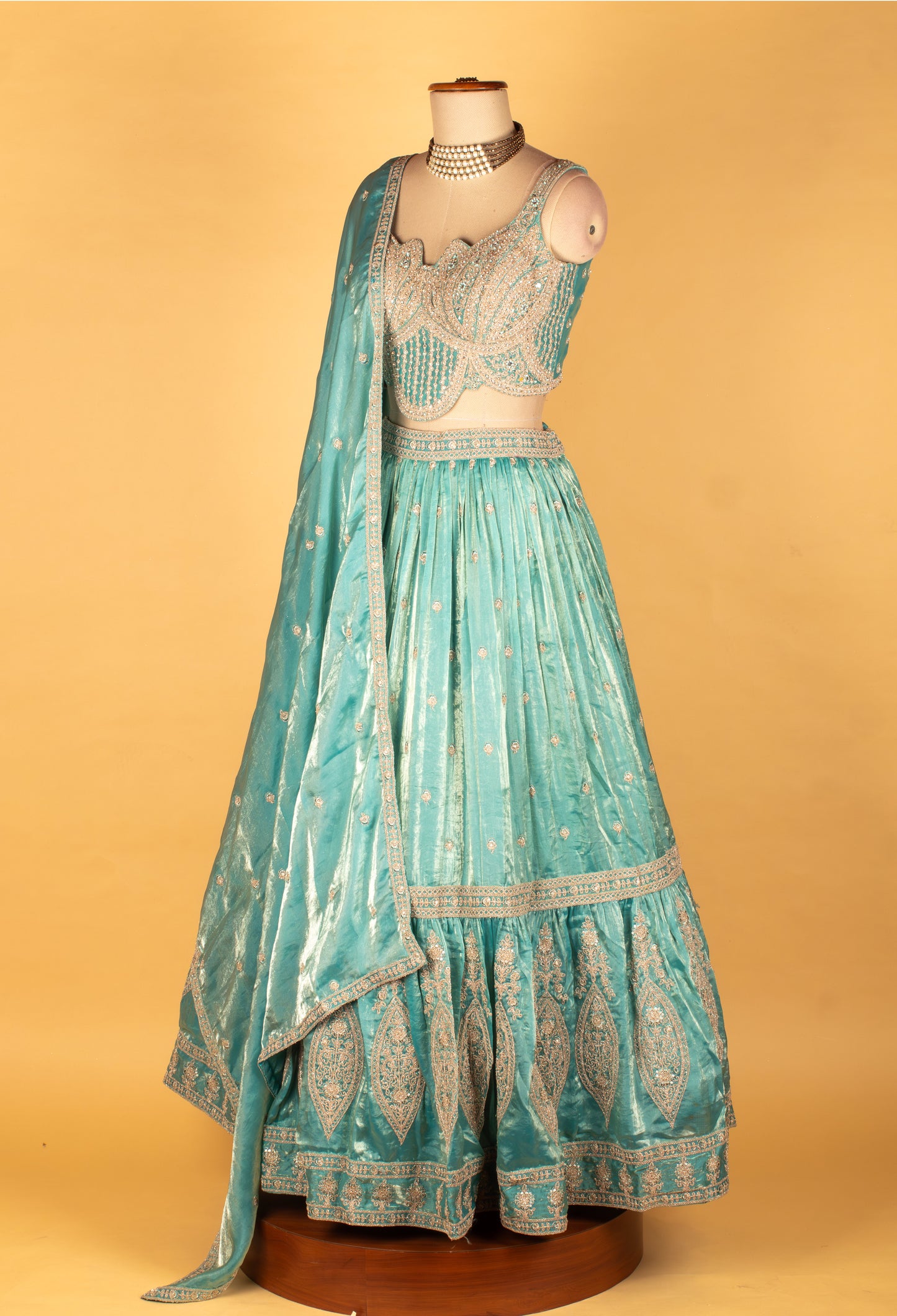 Aqua Blue Embroidered Crop Top Lehenga Set with Dupatta