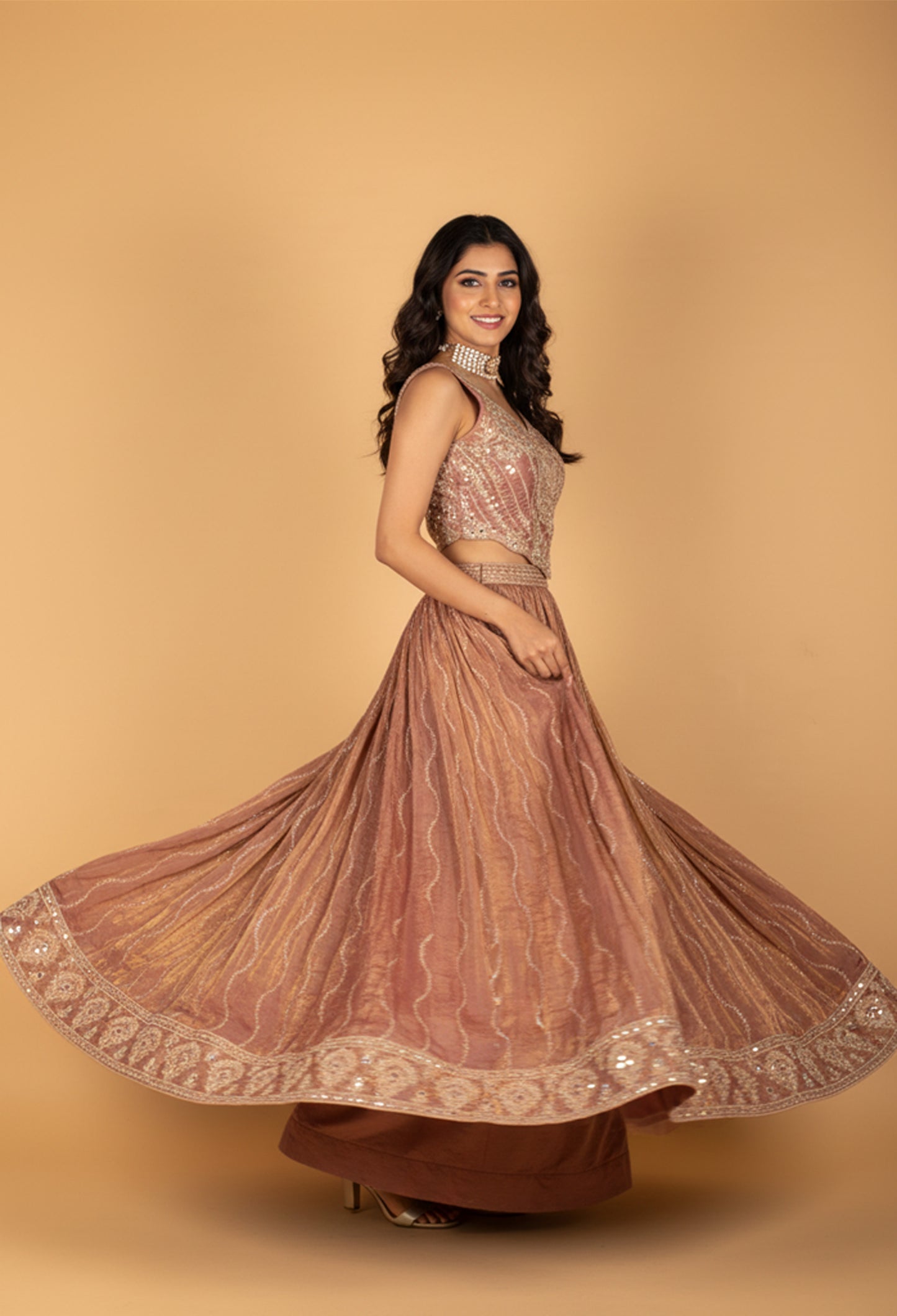 Dusty Rose Embroidered Crop Top Lehenga Set with Dupatta