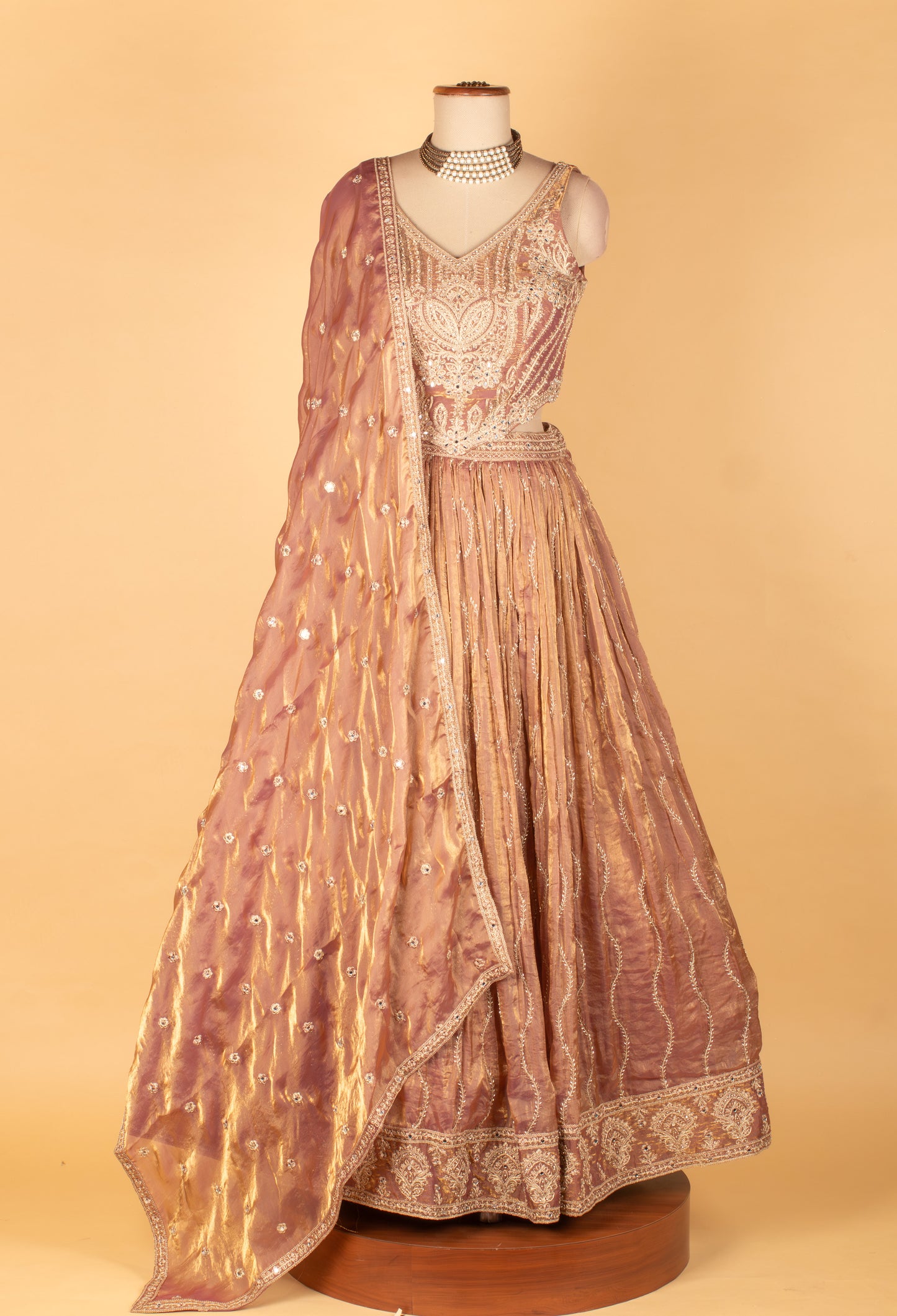 Dusty Rose Embroidered Crop Top Lehenga Set with Dupatta