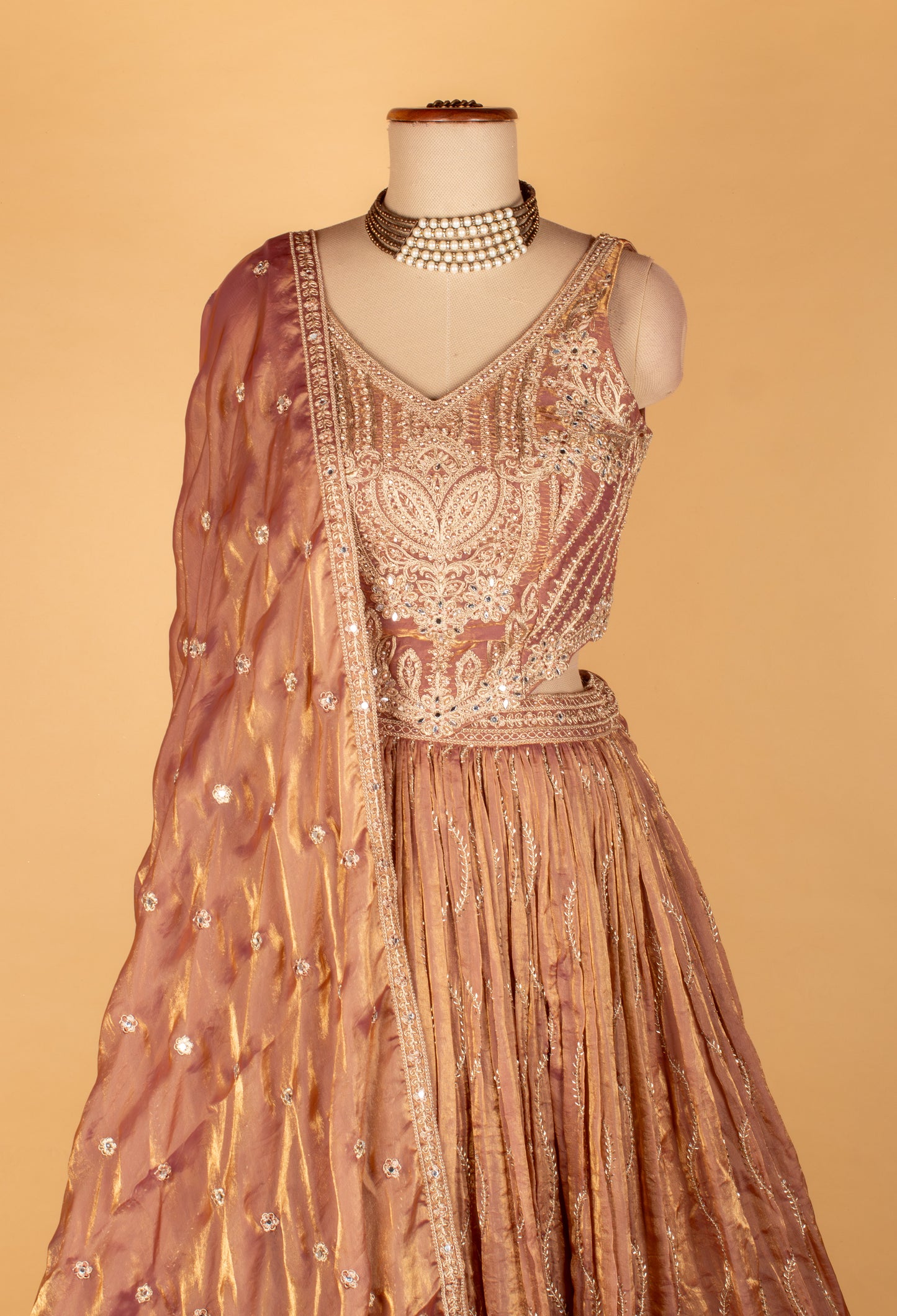 Dusty Rose Embroidered Crop Top Lehenga Set with Dupatta