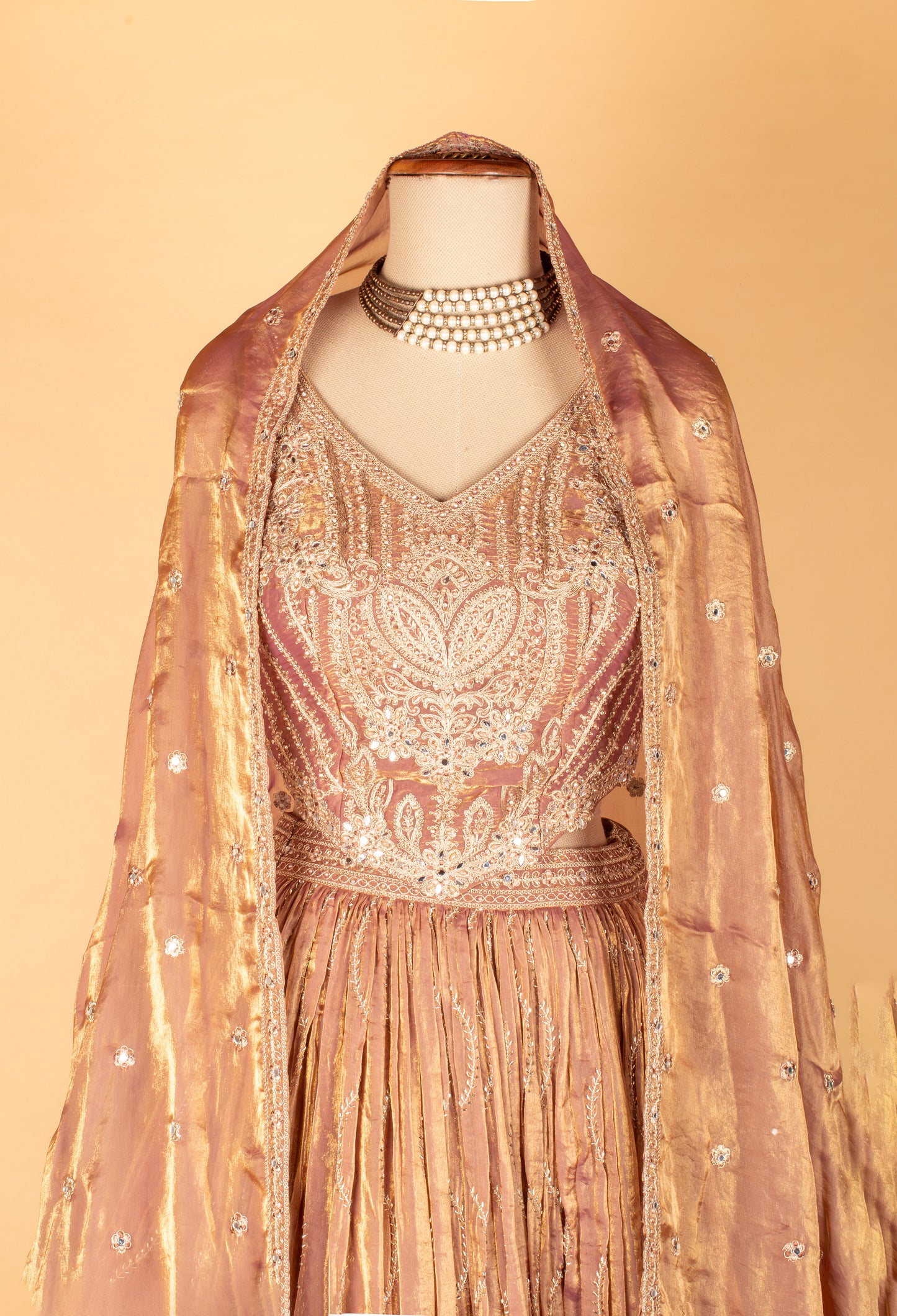 Dusty Rose Embroidered Crop Top Lehenga Set with Dupatta