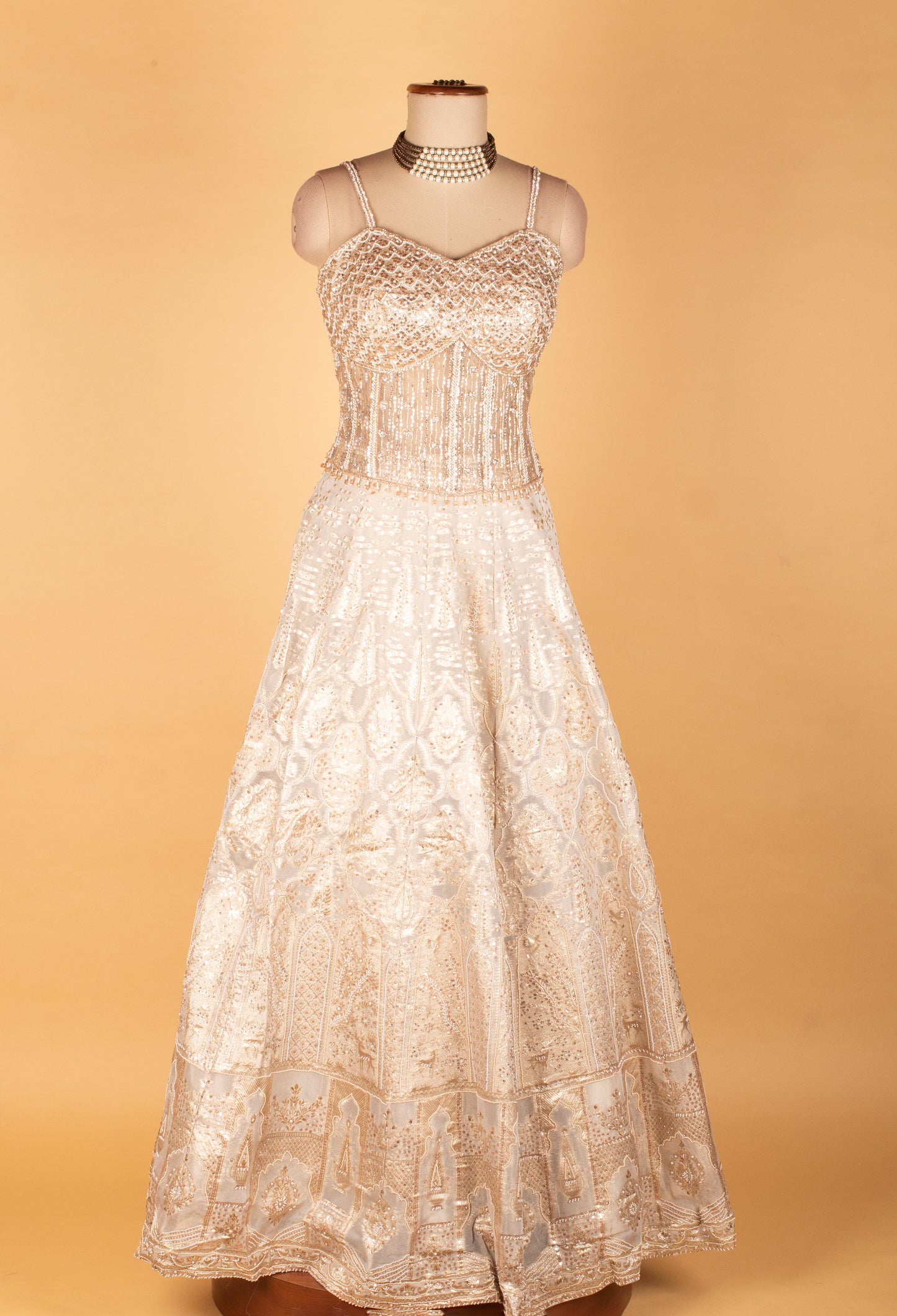 Ivory Gold Embellished Sleeveless Gown
