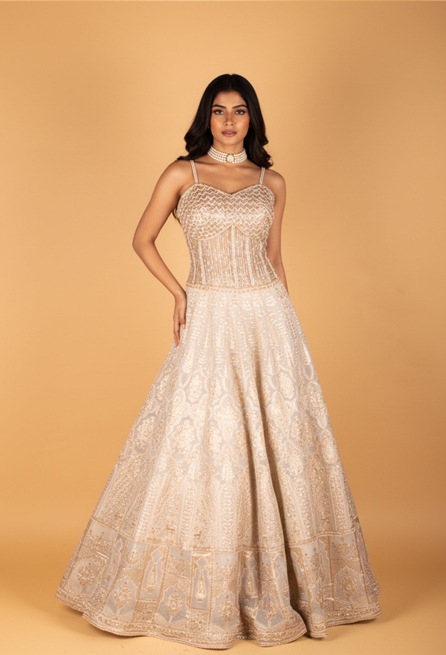 Ivory Gold Embellished Sleeveless Gown