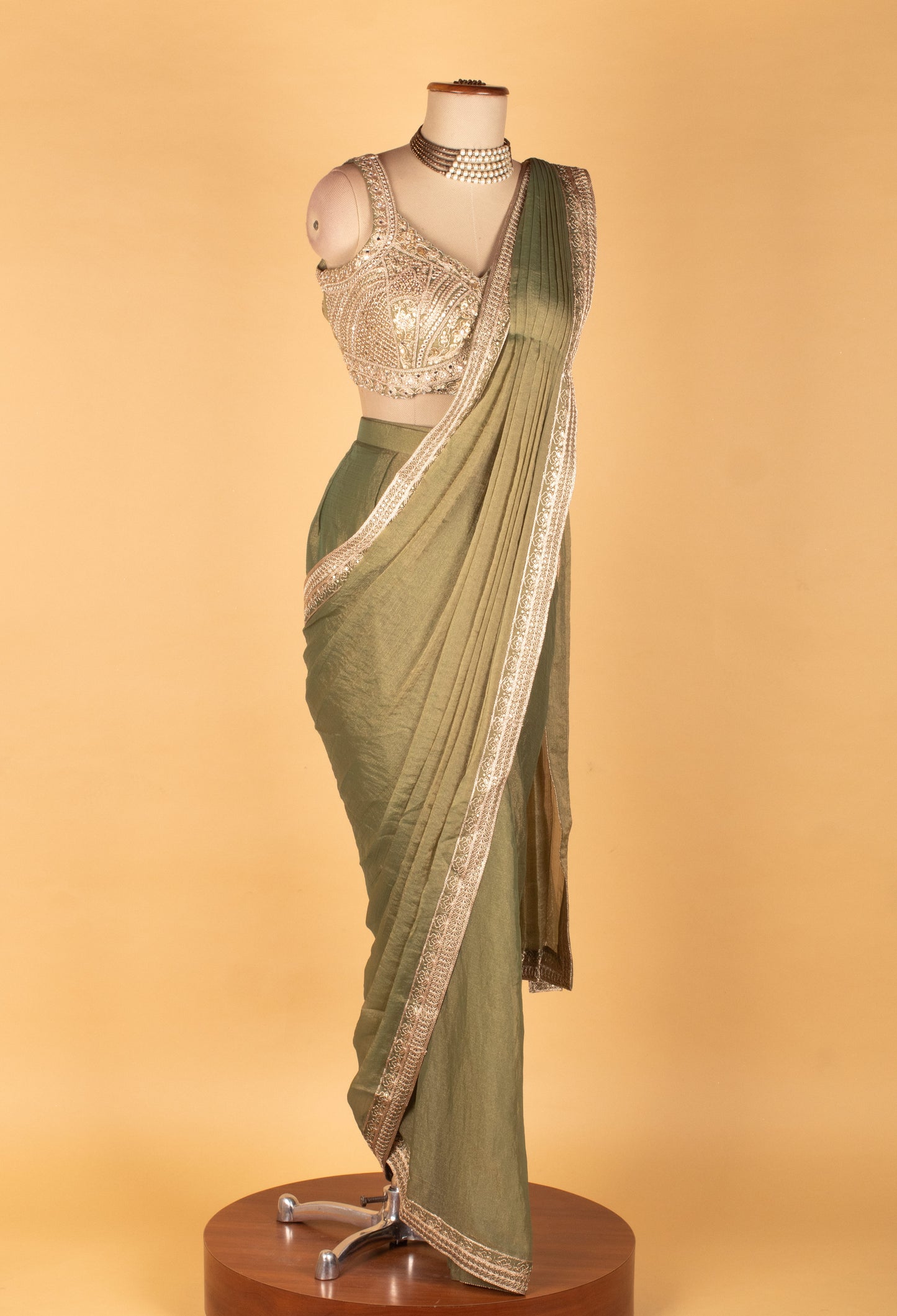 Elegant Olive Green Embellished Saree with Designer Blouse
