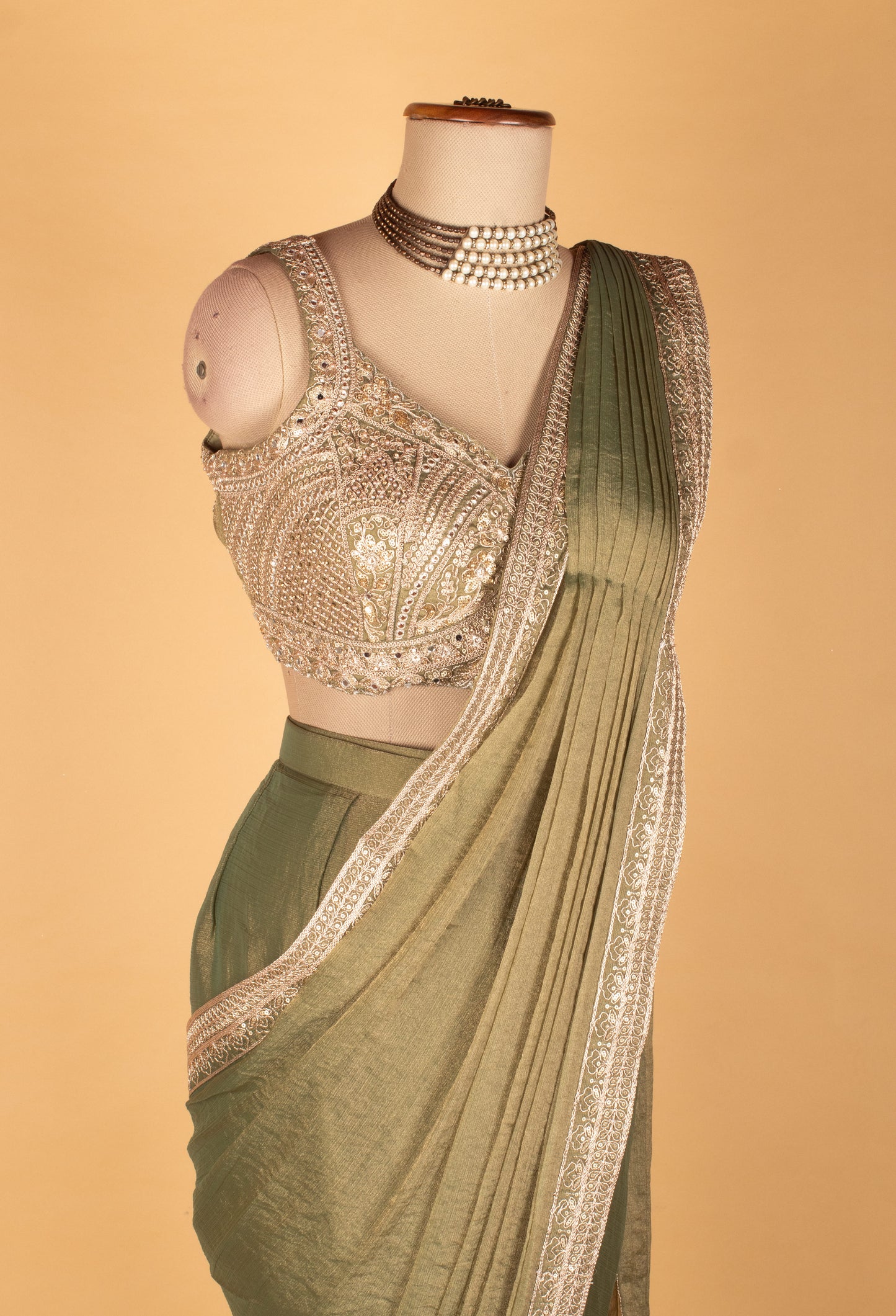 Elegant Olive Green Embellished Saree with Designer Blouse