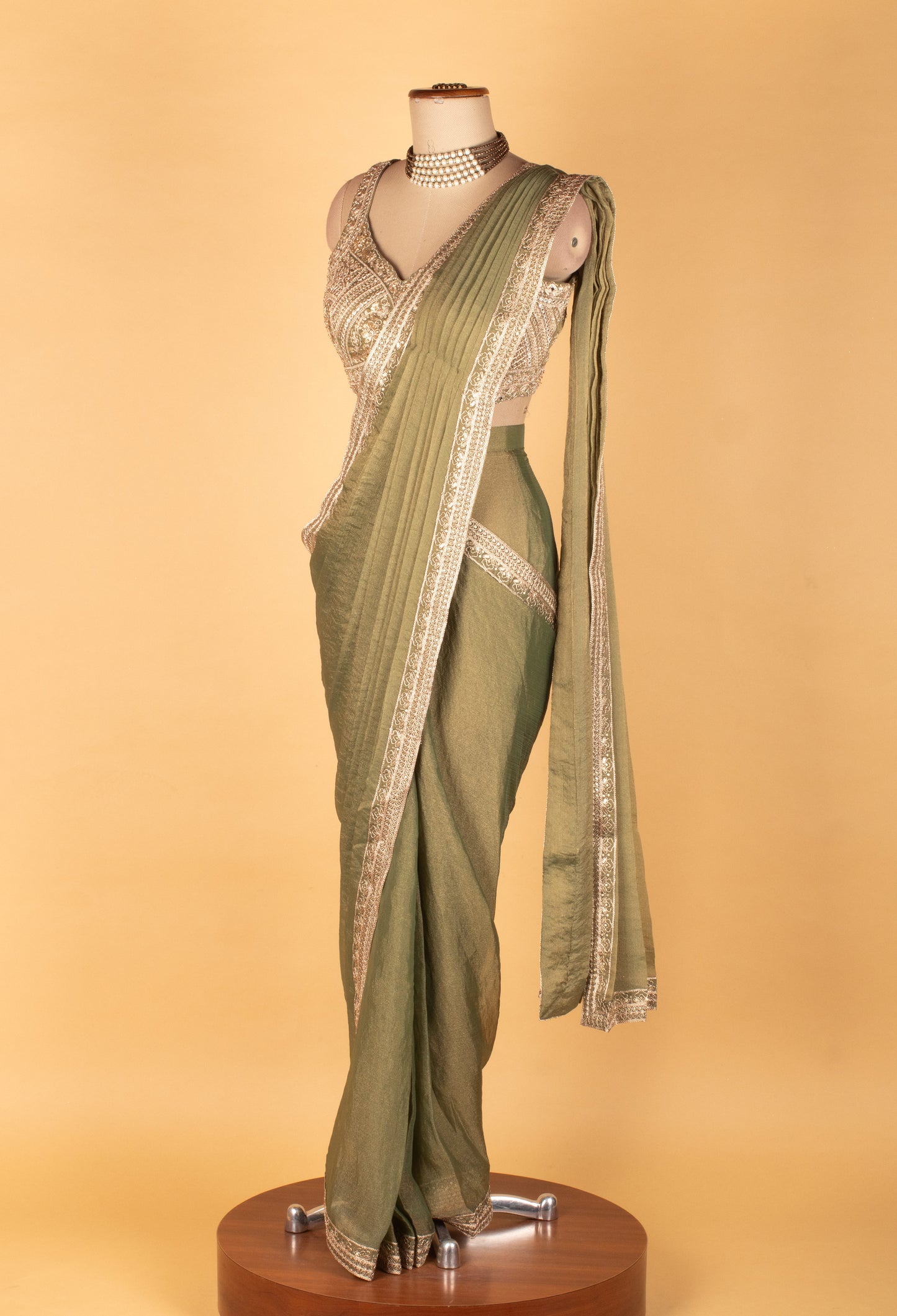 Elegant Olive Green Embellished Saree with Designer Blouse