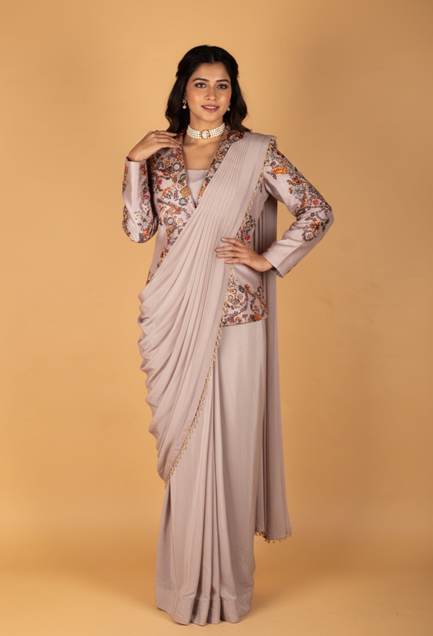 Ivory Grey Draped Saree with Printed Jacket Blouse