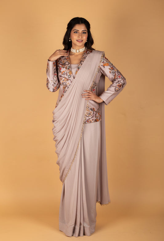 Ivory Grey Draped Saree with Printed Jacket Blouse