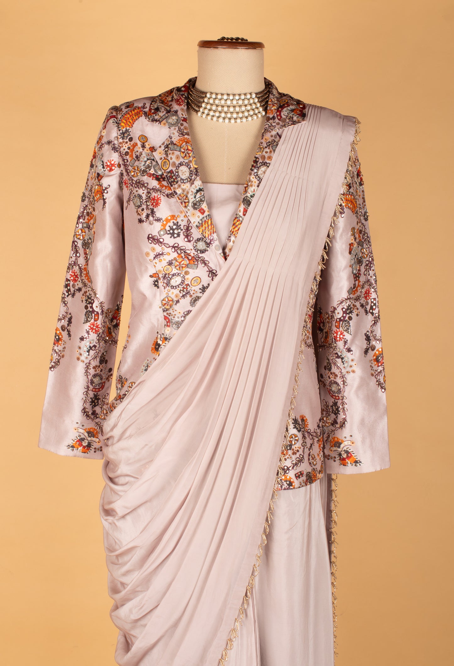 Ivory Grey Draped Saree with Printed Jacket Blouse