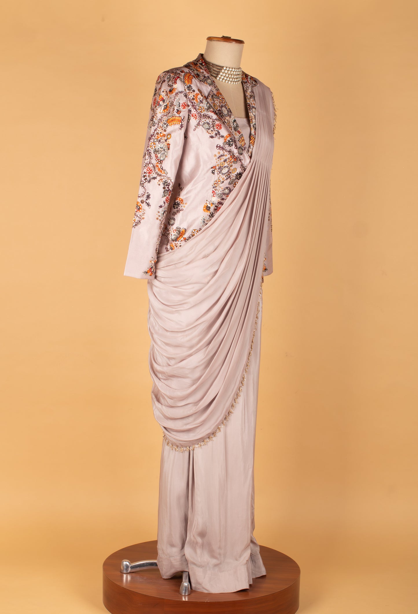 Ivory Grey Draped Saree with Printed Jacket Blouse