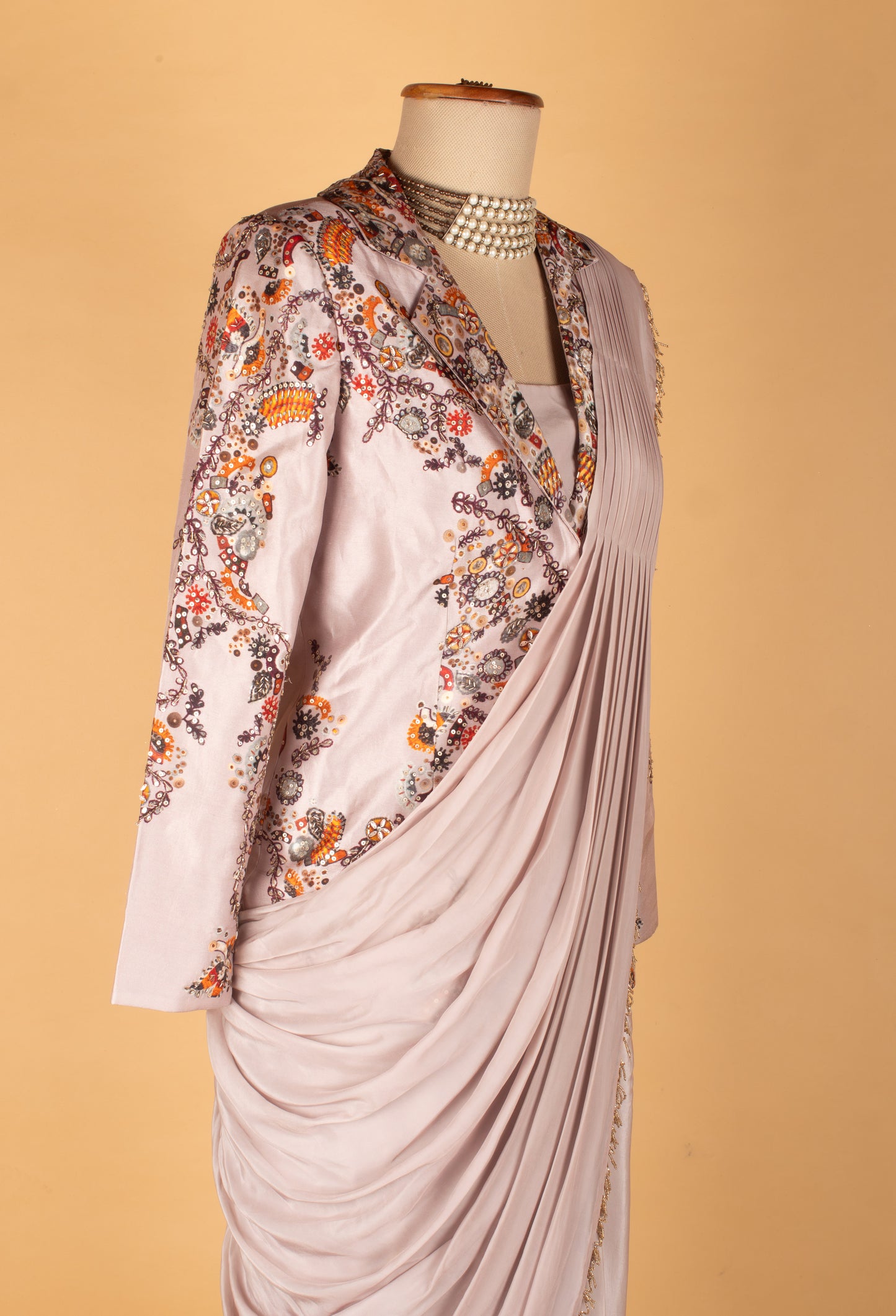 Ivory Grey Draped Saree with Printed Jacket Blouse