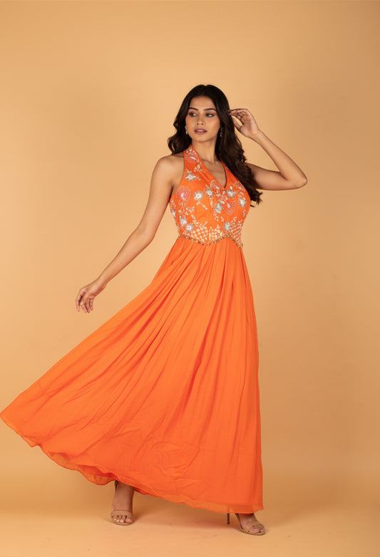 Orange Floral Embroidered Sleeveless Gown