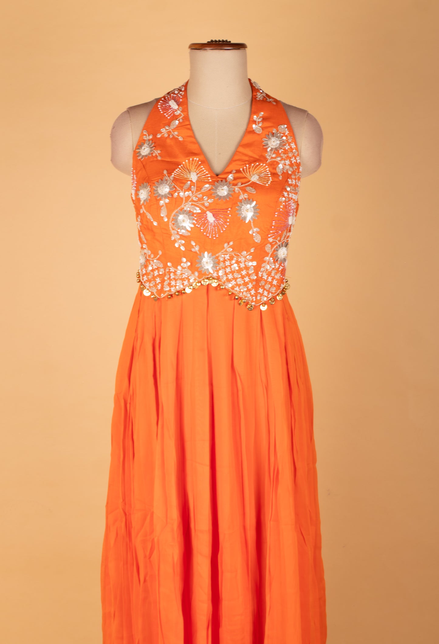 Orange Floral Embroidered Sleeveless Gown
