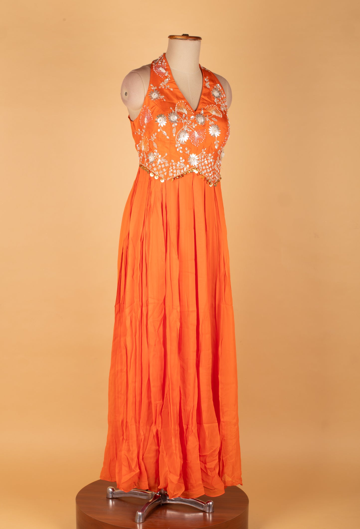 Orange Floral Embroidered Sleeveless Gown