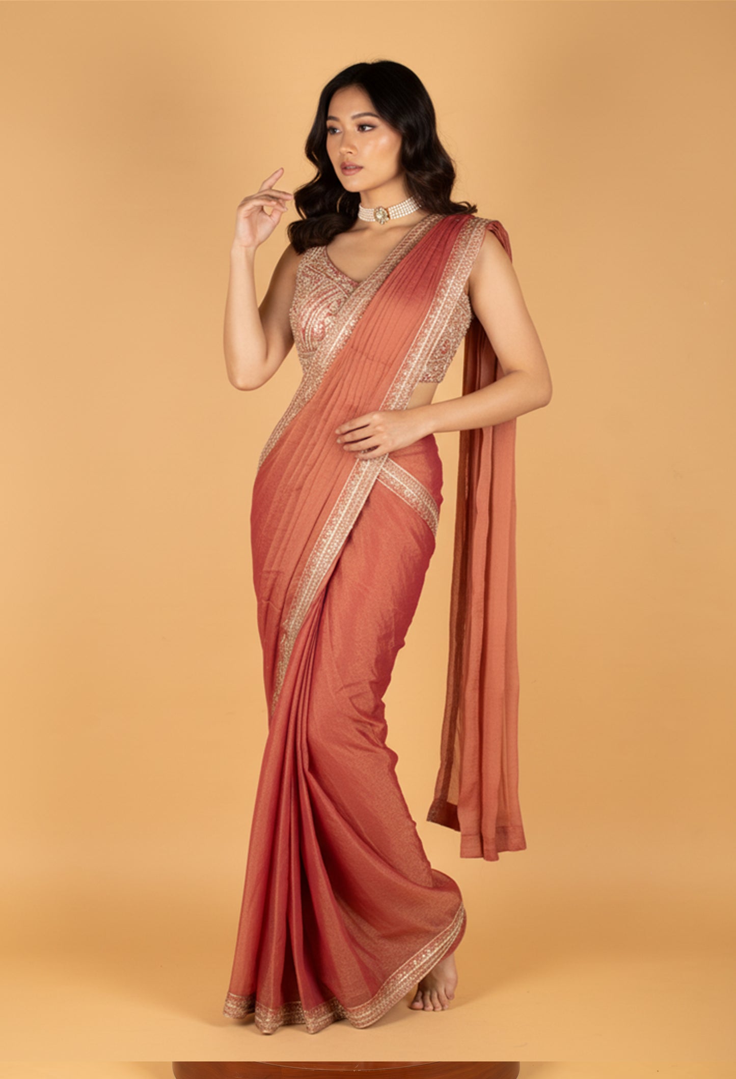 Rust Rose Embellished Saree with Designer Sleeveless Blouse