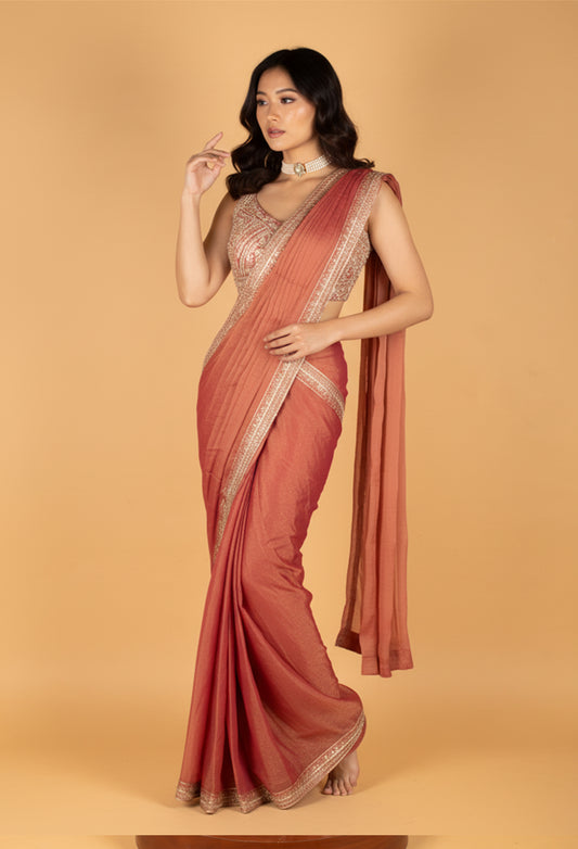 Rust Rose Embellished Saree with Designer Sleeveless Blouse