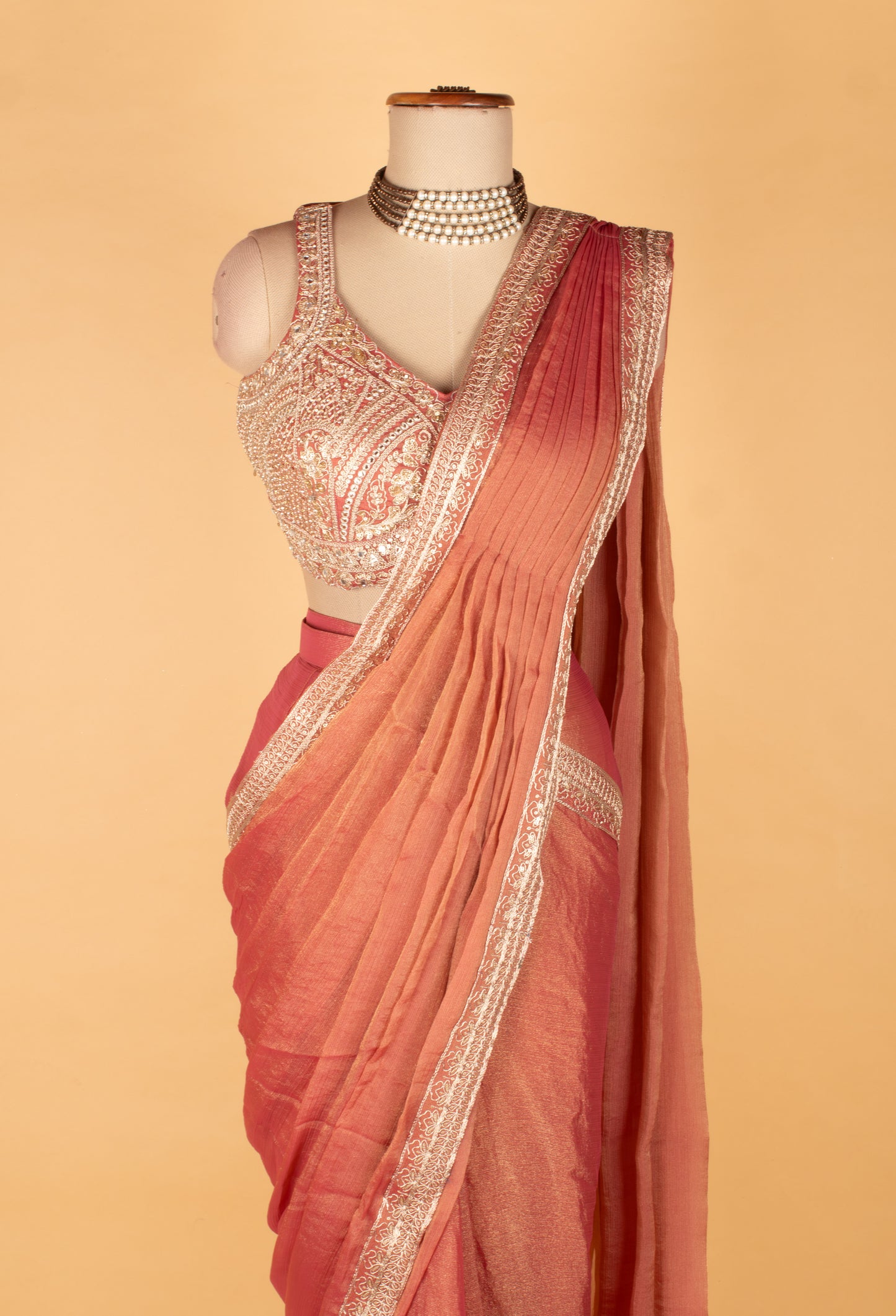 Rust Rose Embellished Saree with Designer Sleeveless Blouse