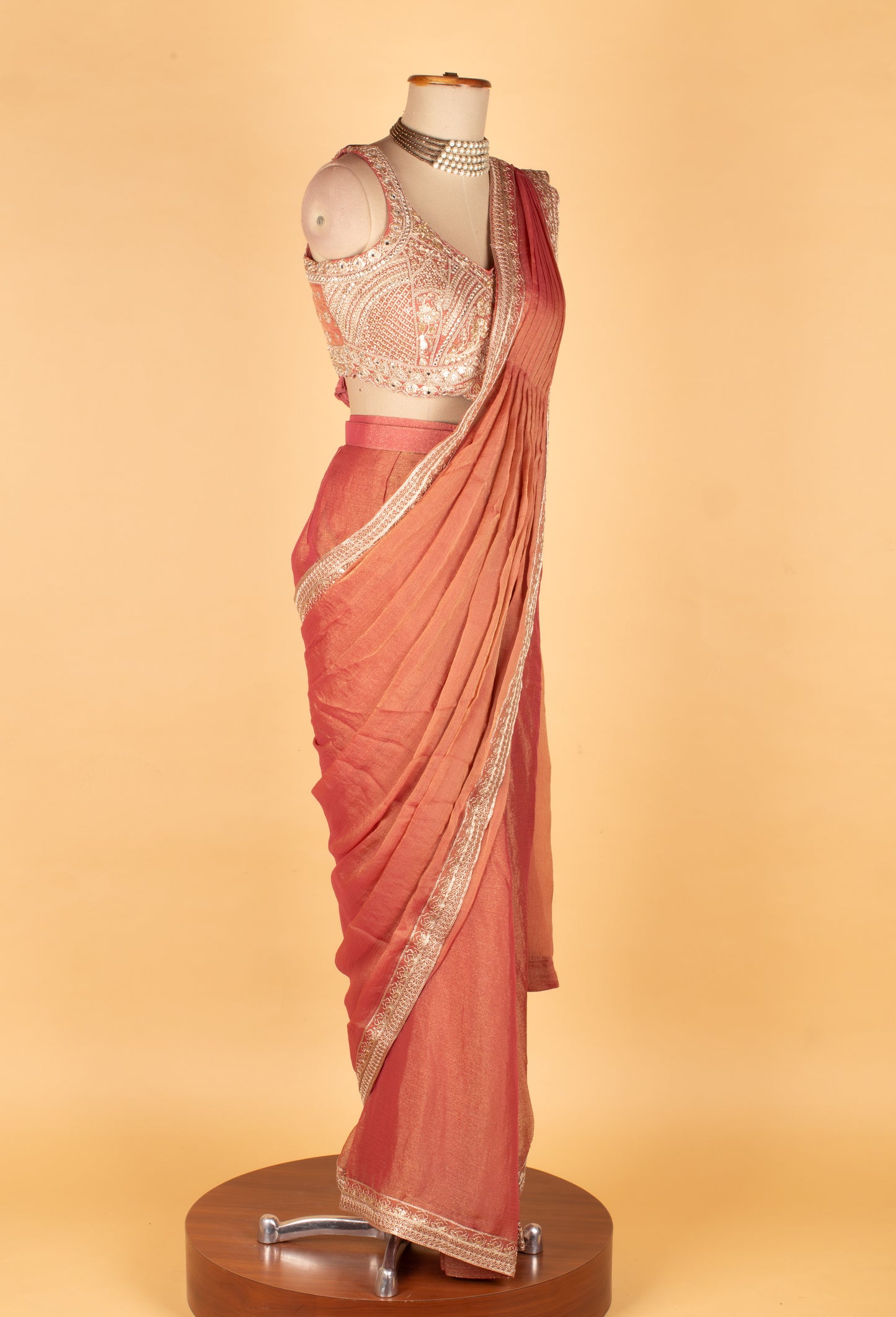 Rust Rose Embellished Saree with Designer Sleeveless Blouse