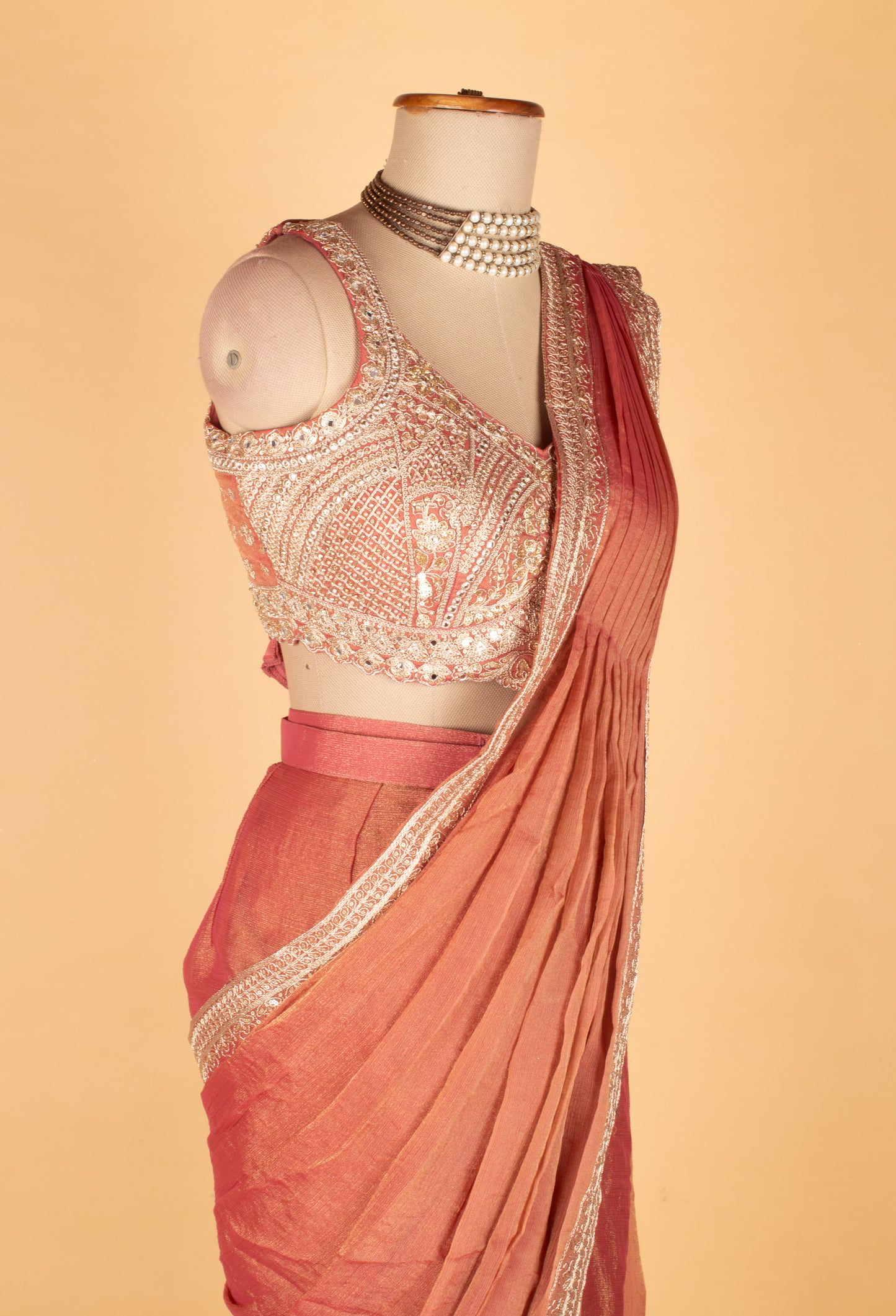 Rust Rose Embellished Saree with Designer Sleeveless Blouse